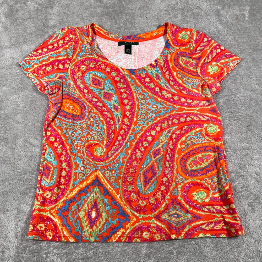 Lauren Ralph Lauren T-Shirt Women's‎ Large Orange Paisley Print Cotton Crew Neck